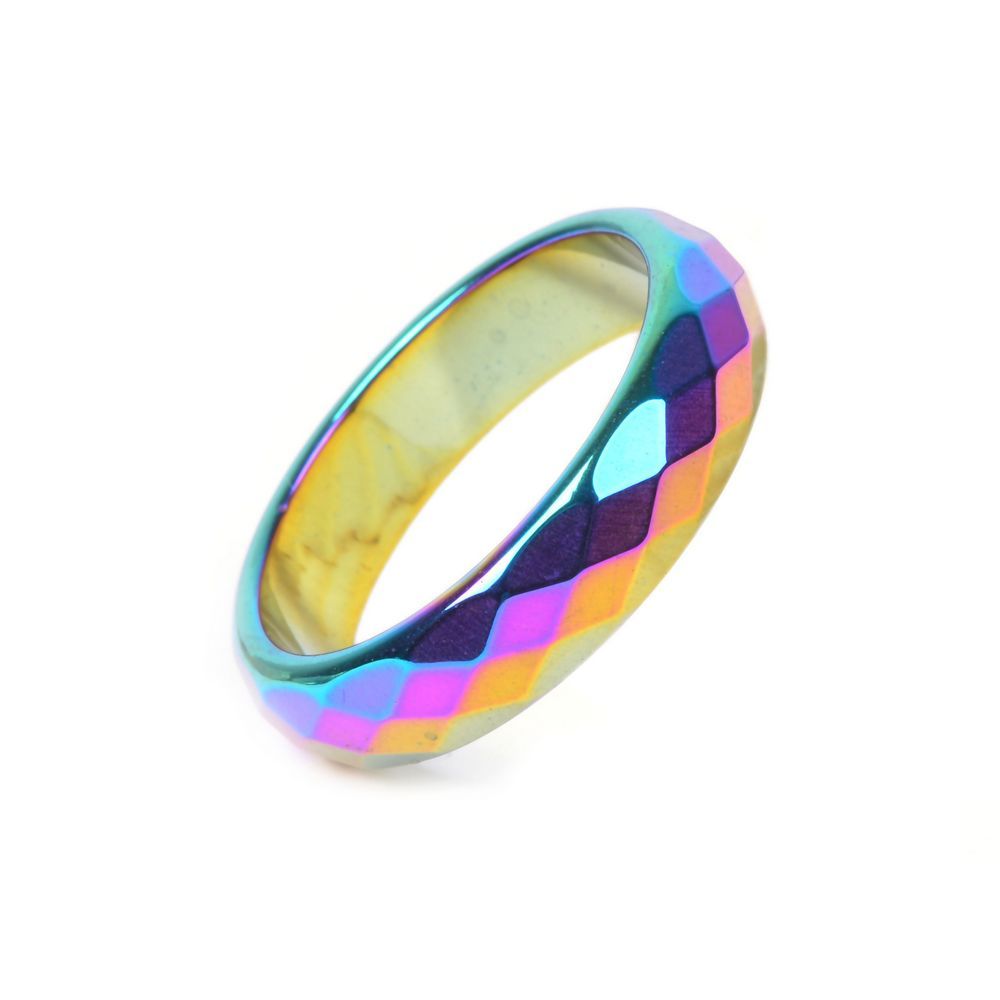Faceted Metallic rainbow AB color coated hematite ring Size:6 to 11