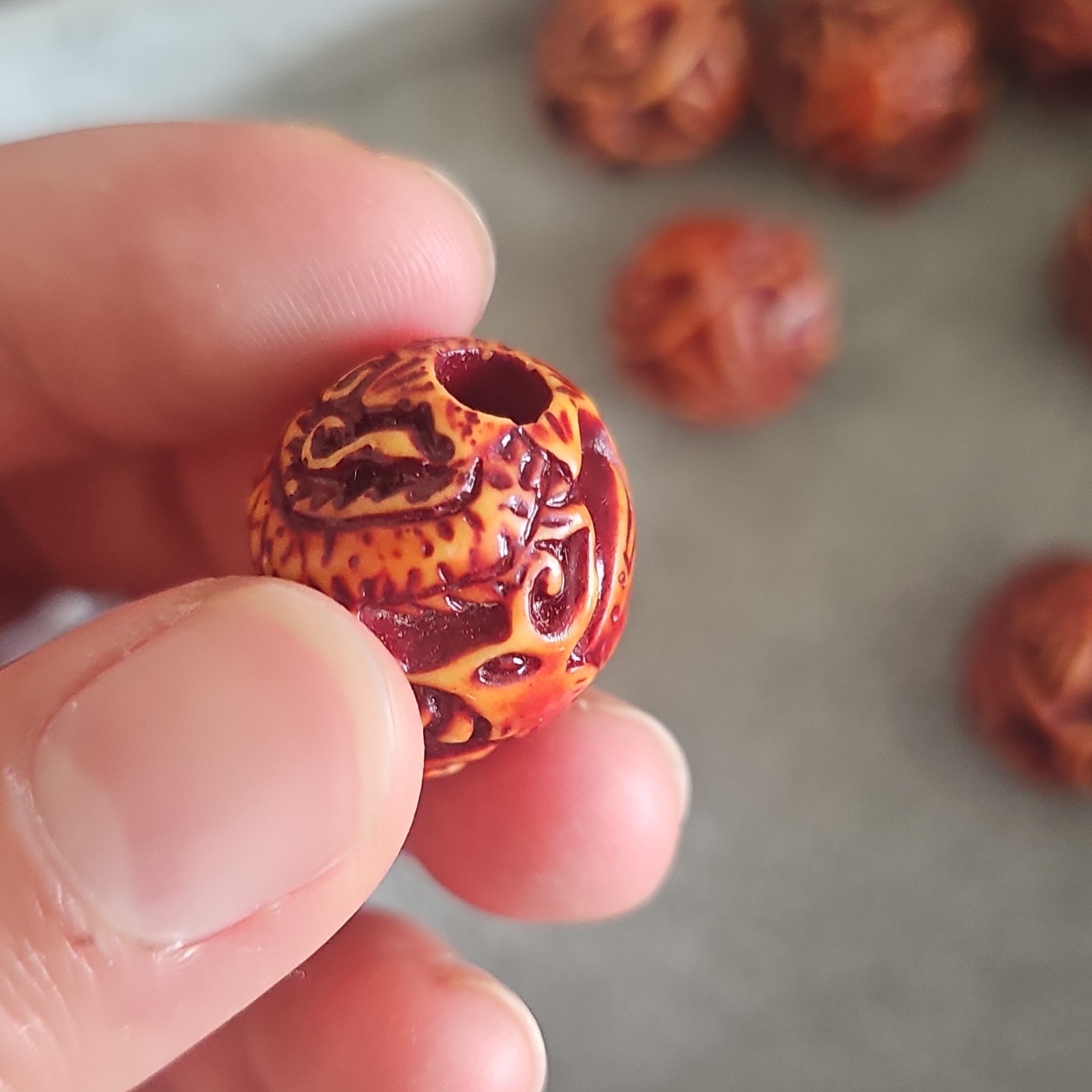 Carved Resin Dragon /Phoenix Round Beads 20mm Orange/Brown Large Hole Lot of 9