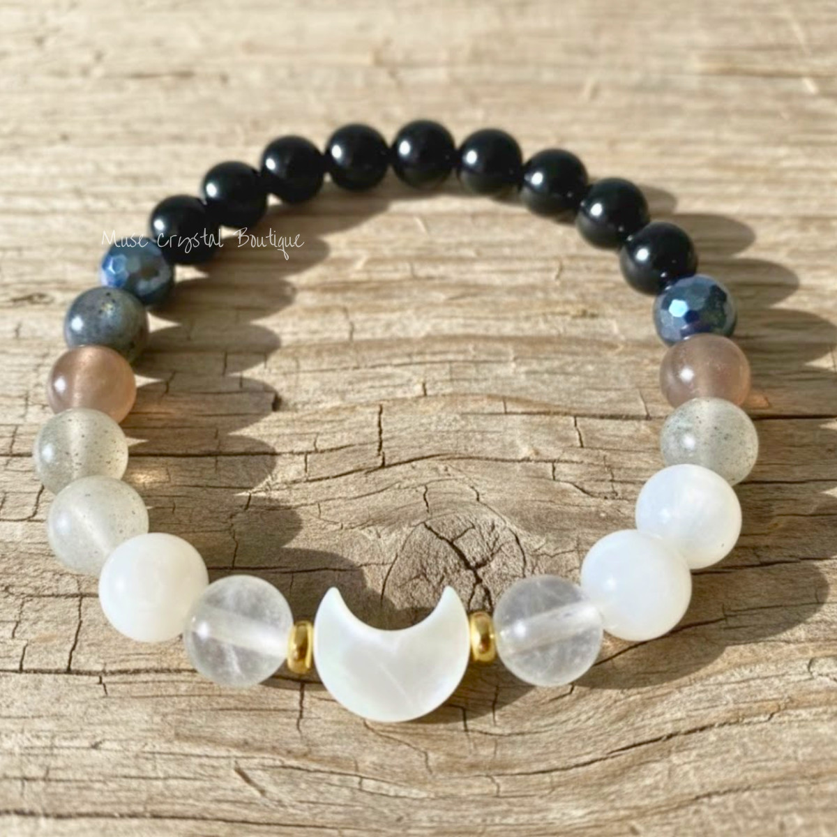 Moonstone Labradorite Tourmaline Moon Charm Bracelet Healing Balance Crystal