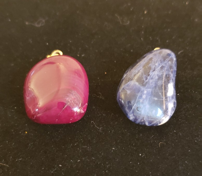 Whimsical, Boho, Earthy – Two Polished Stone Pendants – Red/Burgundy and Blue