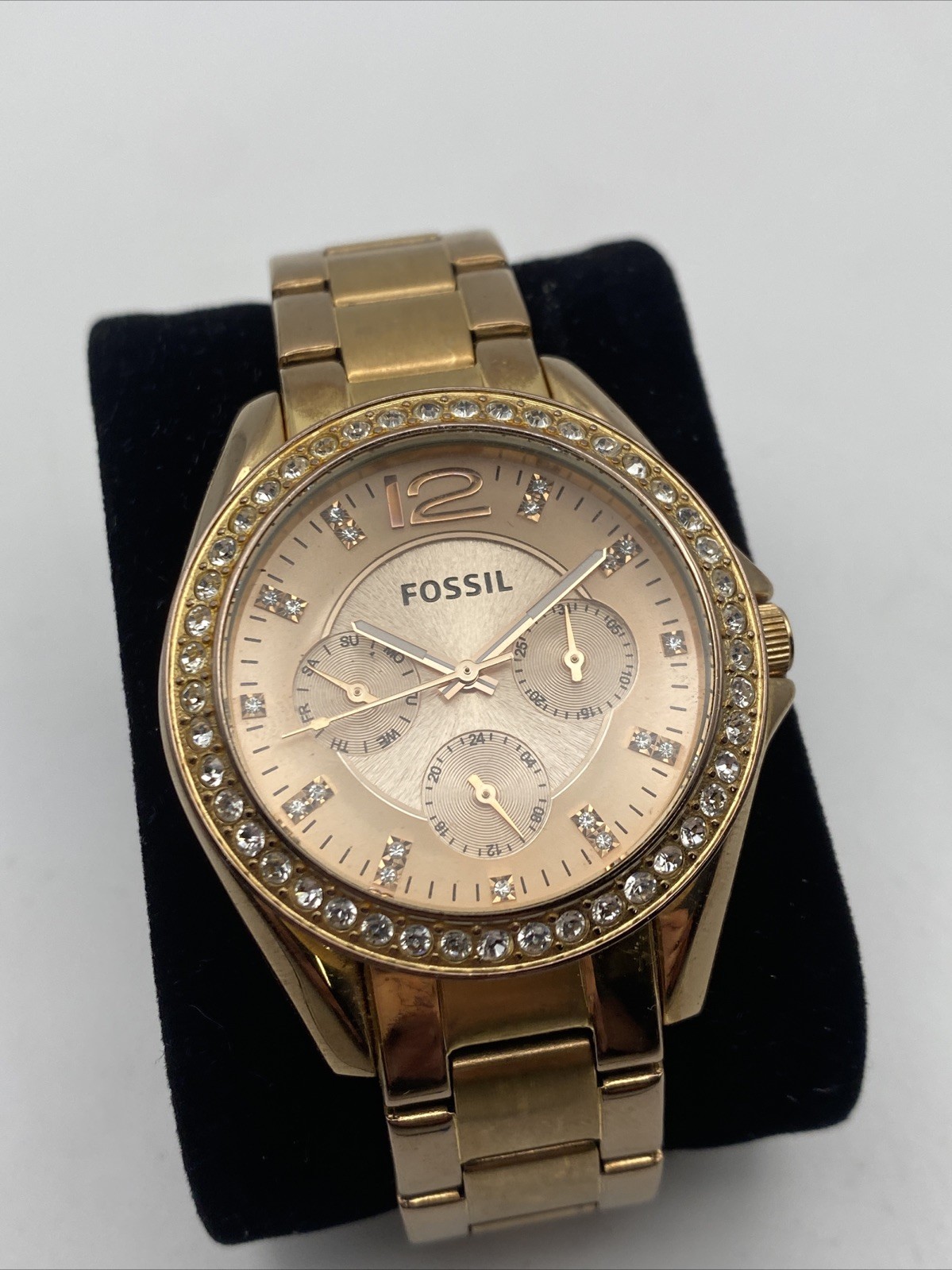 Fossil Riley Watch Womens 40mm Crystal Date ES2811 Rose Gold Tone New Battery 7″