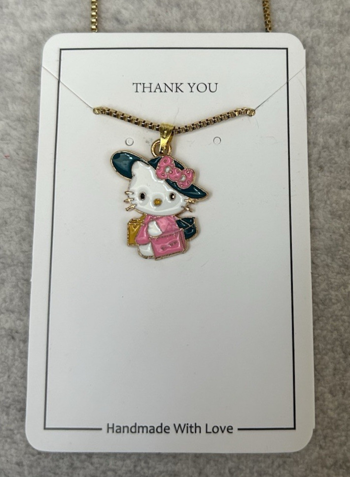 Hello Kitty Sanrio Inspired Gold Tone Necklace Chain Sun Hat 11″ Drop Adjustable