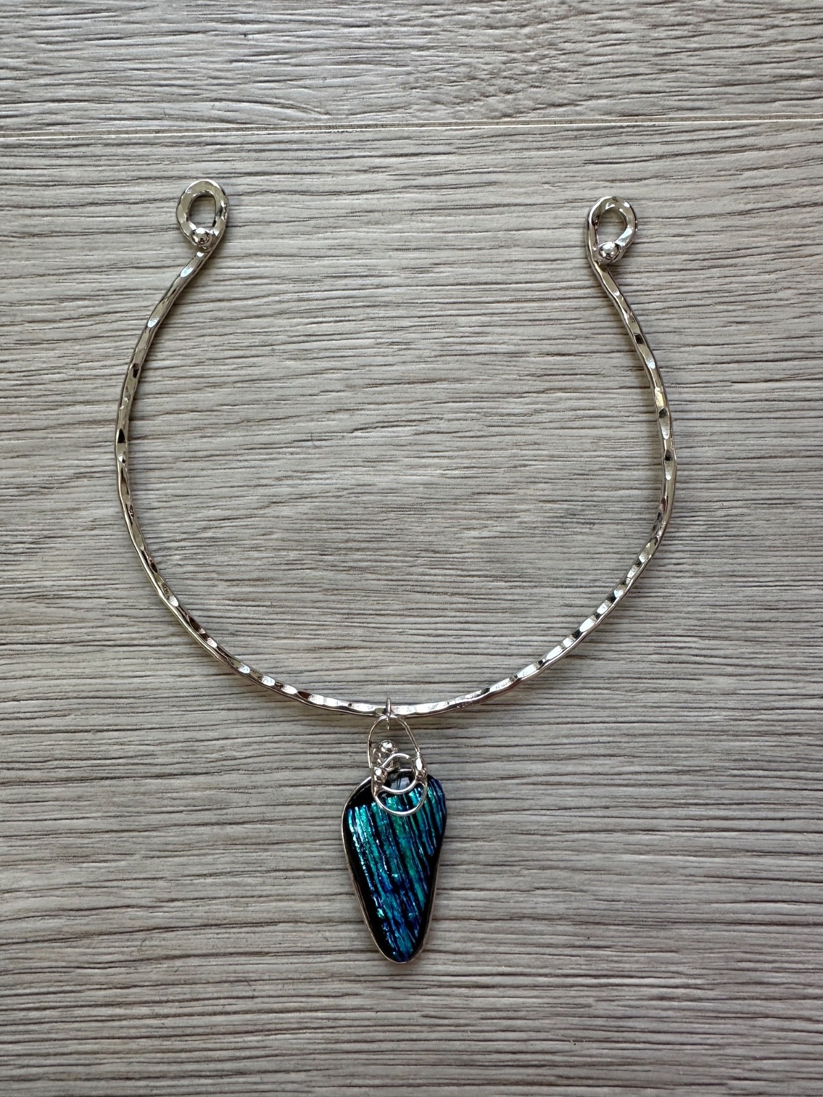 Artisan Handcrafted Art Glass Upper Arm Cuff Blue Green Silver Tone