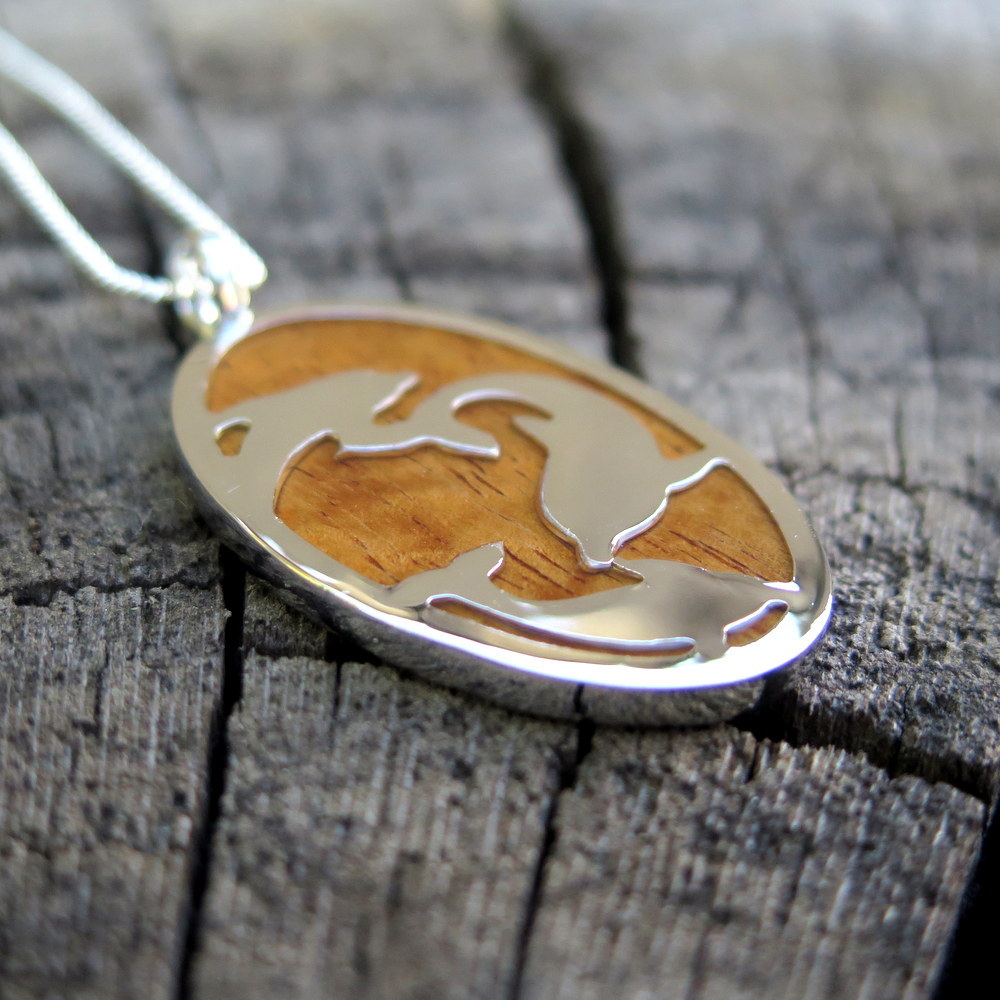 Koa Wood Hawaii Jewelry Dolphin Oval Silver Rhodium Plated Brass Pendant BRP1069