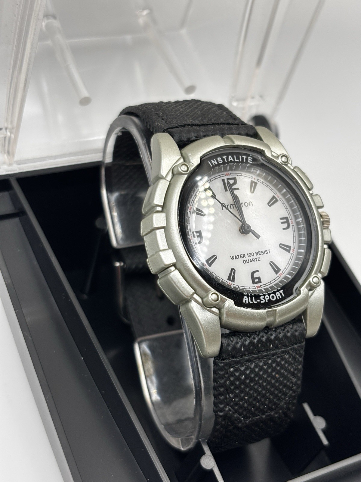 Armitron Instalite Watch Men 30m Silver Black Plastic Battery Light White Quartz