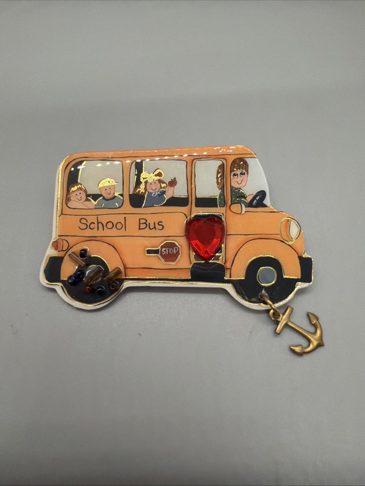 Vtg Bagatelle Plastic Pin 1996 #8 School Bus Key Dangler brooch kitsch humor