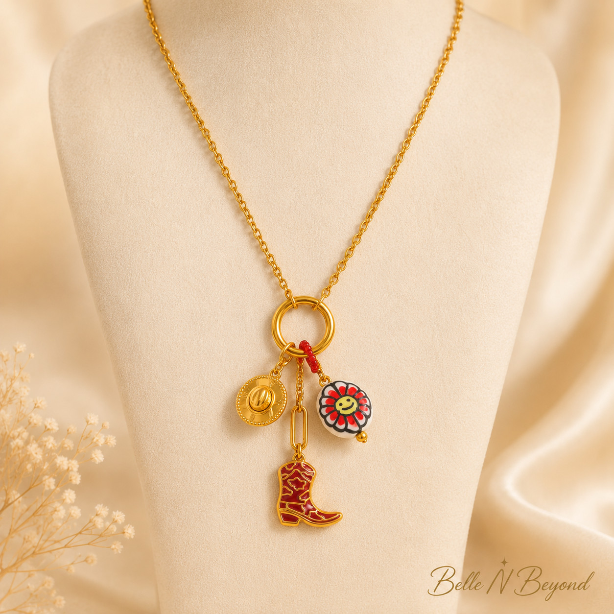 Gold Western Charm Necklace Cowboy Boot Hat Flower Pendant Stainless Steel