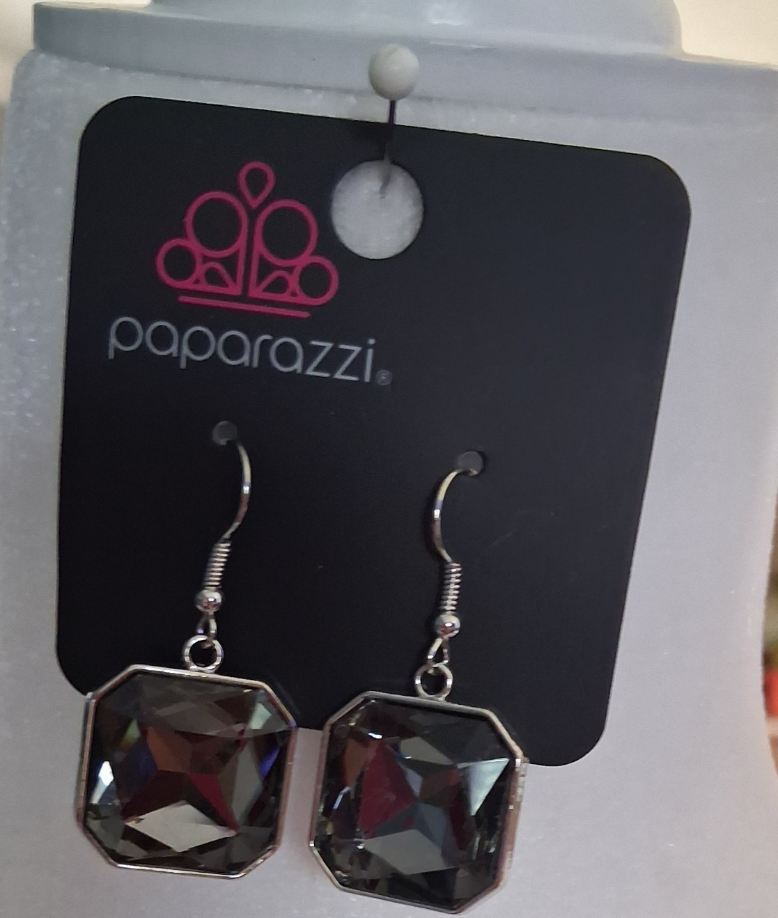 Paparazzi Silver Tone Black Square Dangle Drop Earrings Hook Closure