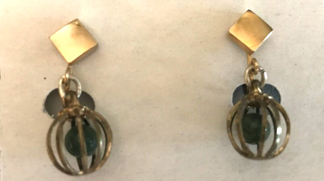 #105 Vtg Screw Type Earrings-Round Ball in Ball Cage-Goldtoned-1 1/4″ long drop