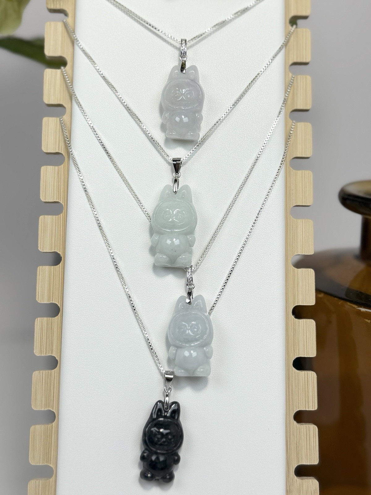 Jadeite White/Green Bubu Pendant Necklace 29.3/12.3MM on Silver S925 18IN Chain