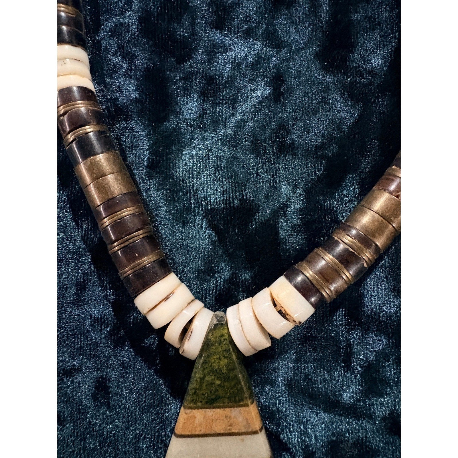 Boho Inlaid Stone Triangle Pendant Necklace Natural Wood Bone Beads