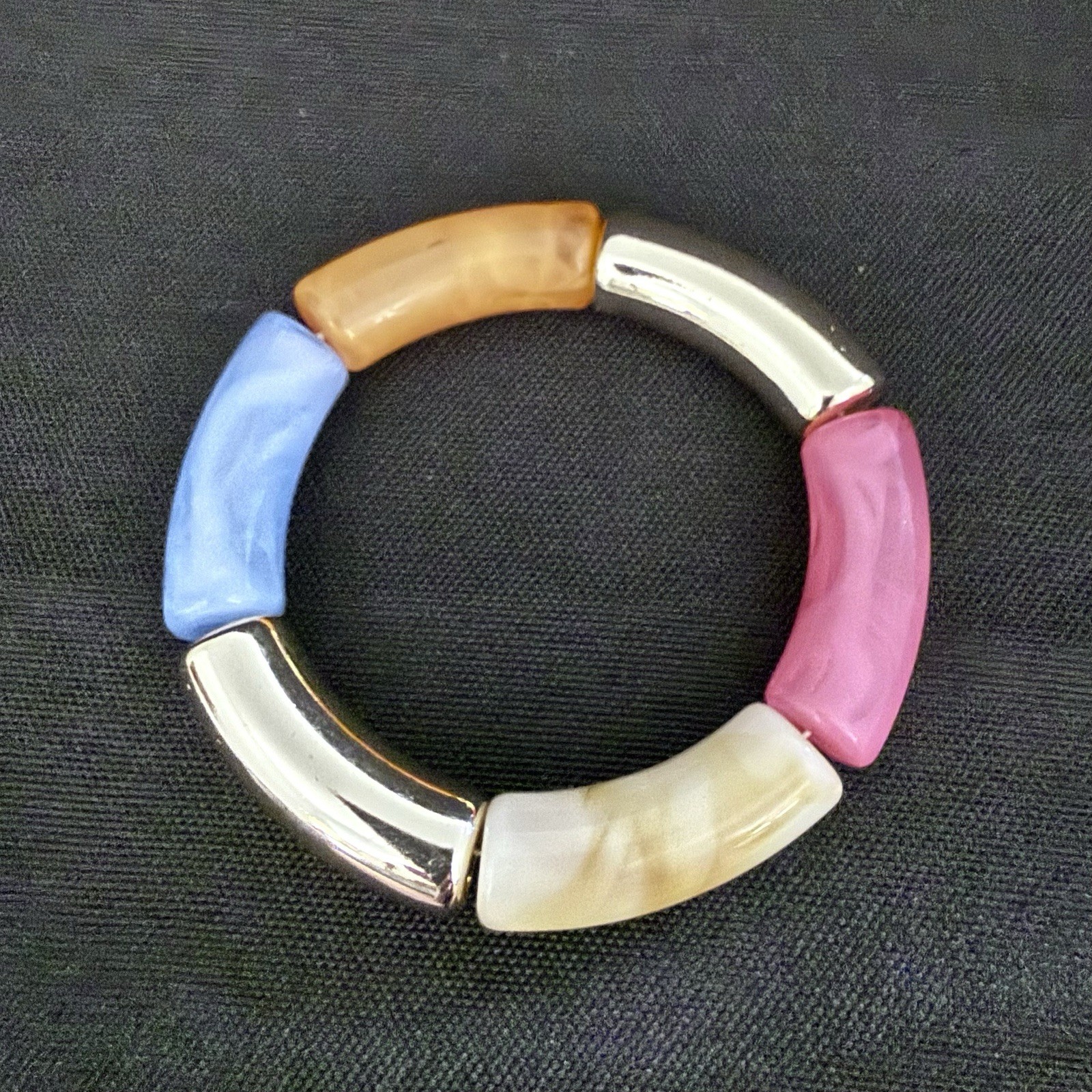 Color Block Resin Tube Stretch Bracelet Silver Tone Blue Pink Orange Ivory Boho