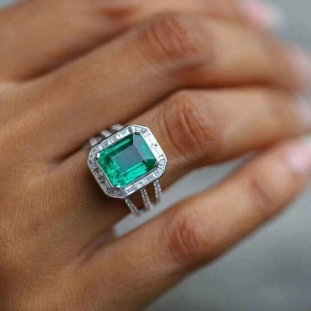 3.00Ct Emerald Cut Lab Created Emerald Halo Women’s Ring 14K White Gold Plated