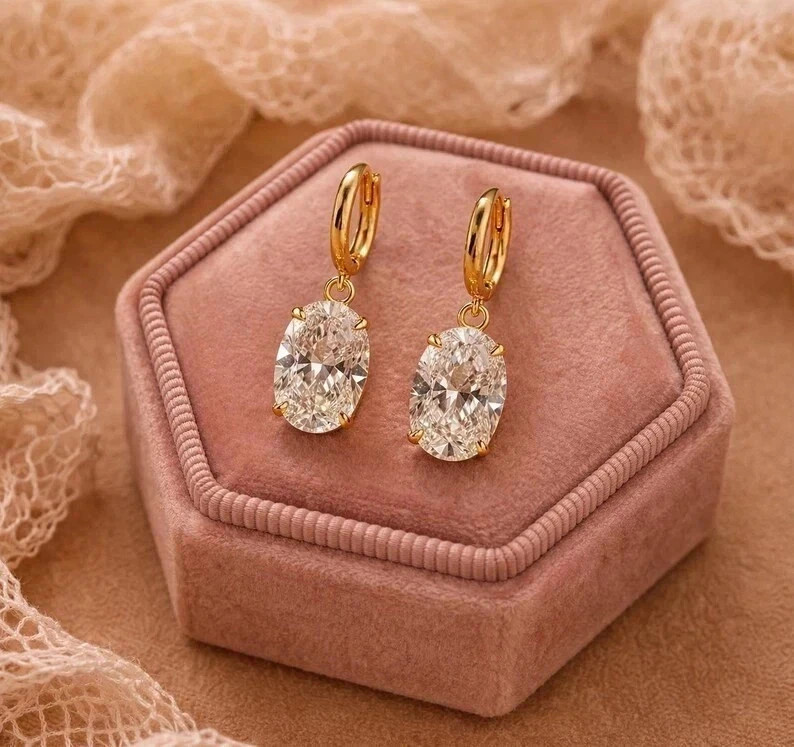 4 CT Oval EF-VS1 Lab Grown Diamond Drop Dangle Women Earrings 14K Yellow Gold