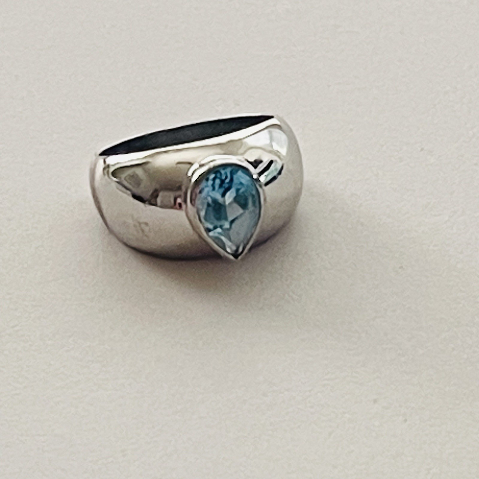 Pear Shape Blue Topaz Ring Silver 925 Wide Band Setting Size 8.5 Slight Damage