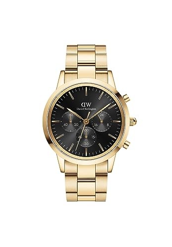 DANIEL WELLINGTON Iconic Quartz Analog MEN Black-Dial Gold-Band Wristwatc[V9D5H]