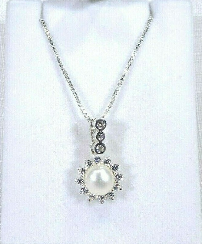 Cultured Freshwater White Pearl & White CZ Sterling Silver Italian Necklace