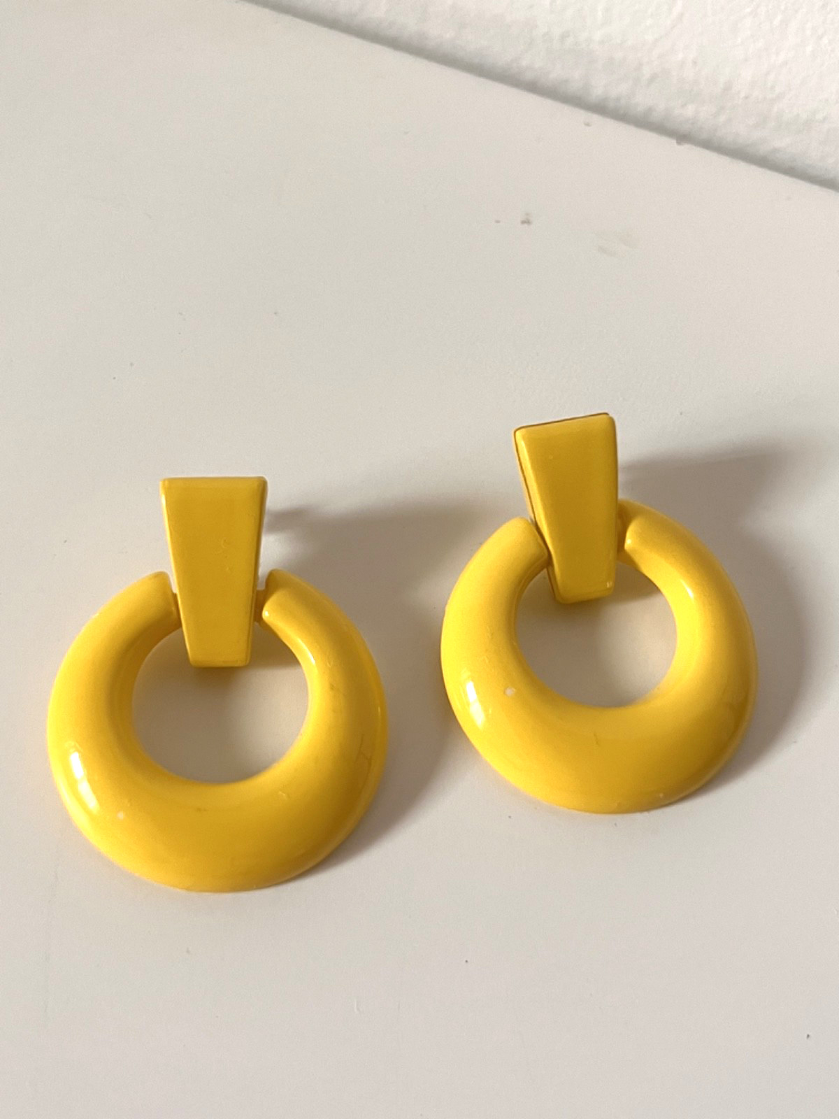 Vintage Bright Mustard Yellow Door Knocker Pierced Earrings