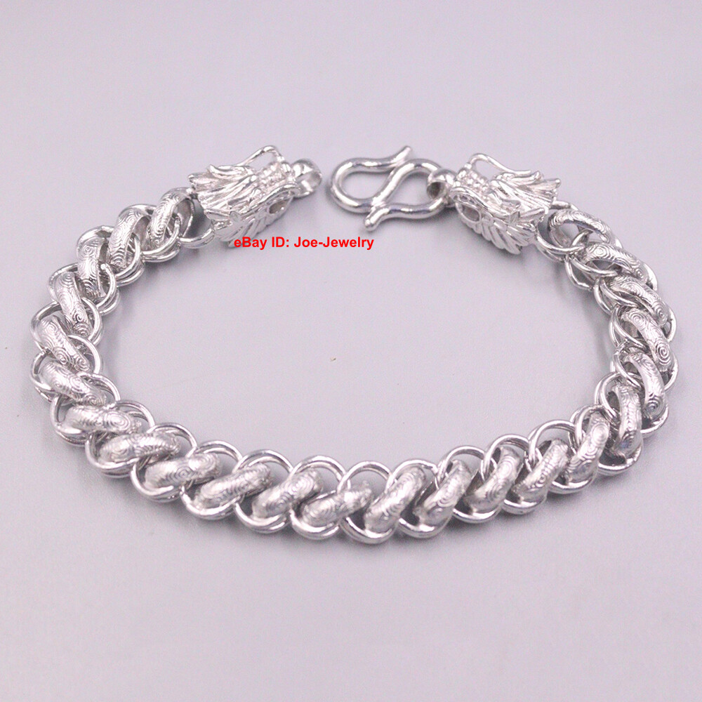 Real 999 Fine Silver Dragon With 10.5mm Link Men’s Bracelet 8.26inch 34-36g