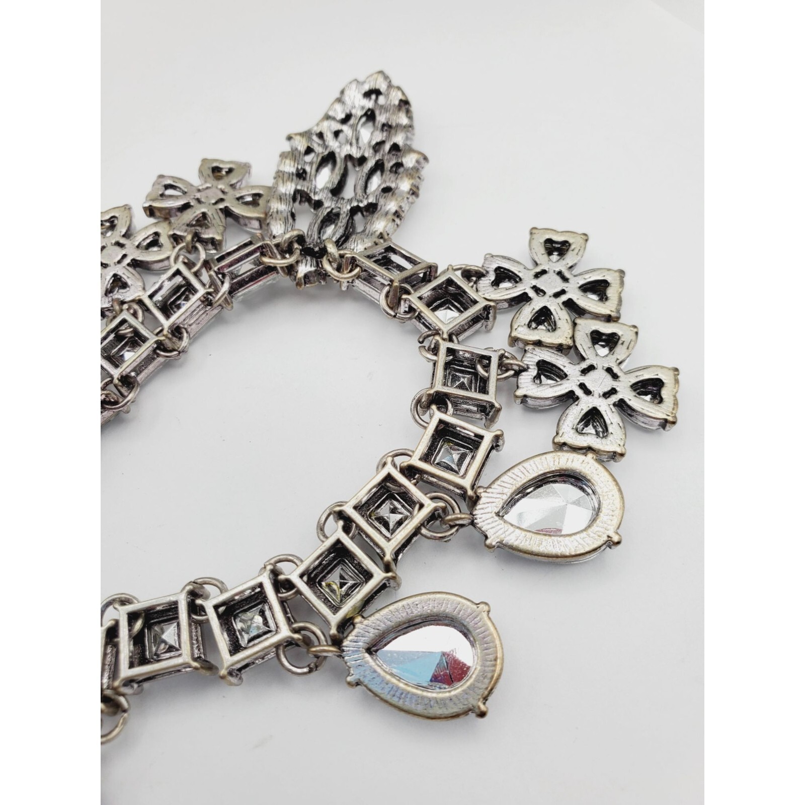 Statement silver tone Rhinestone flower square tear drop pear Necklace 18″