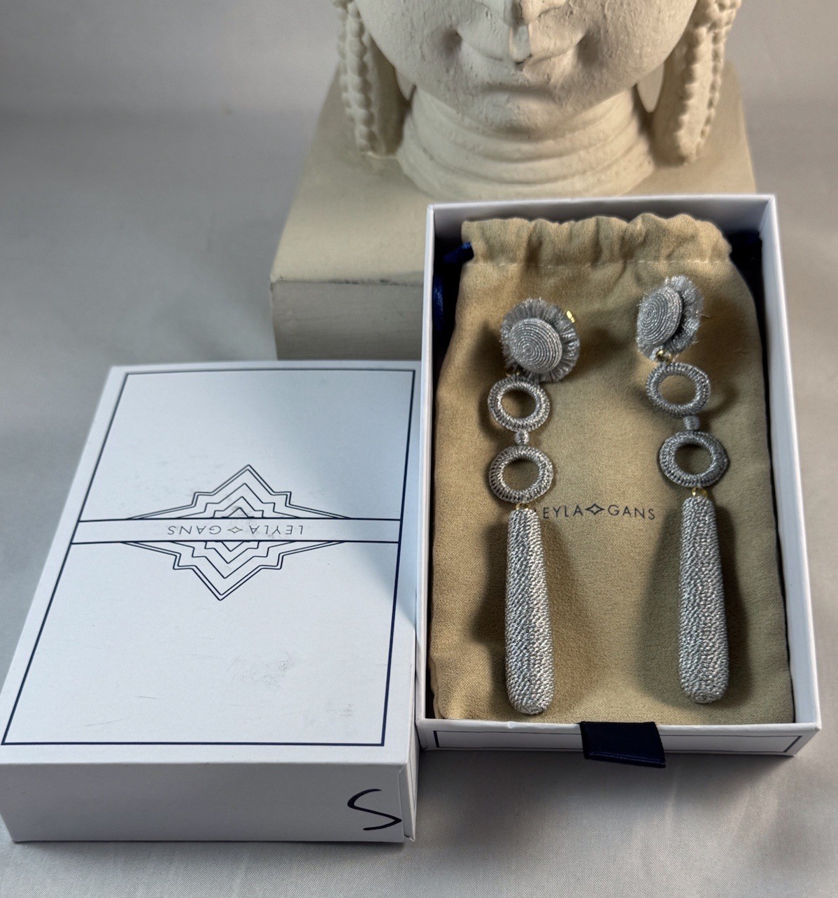 LEYLA GANS Amelie Wrapped Cord Drop Earrings ~ Metallic Silvertone cord~ Pierced