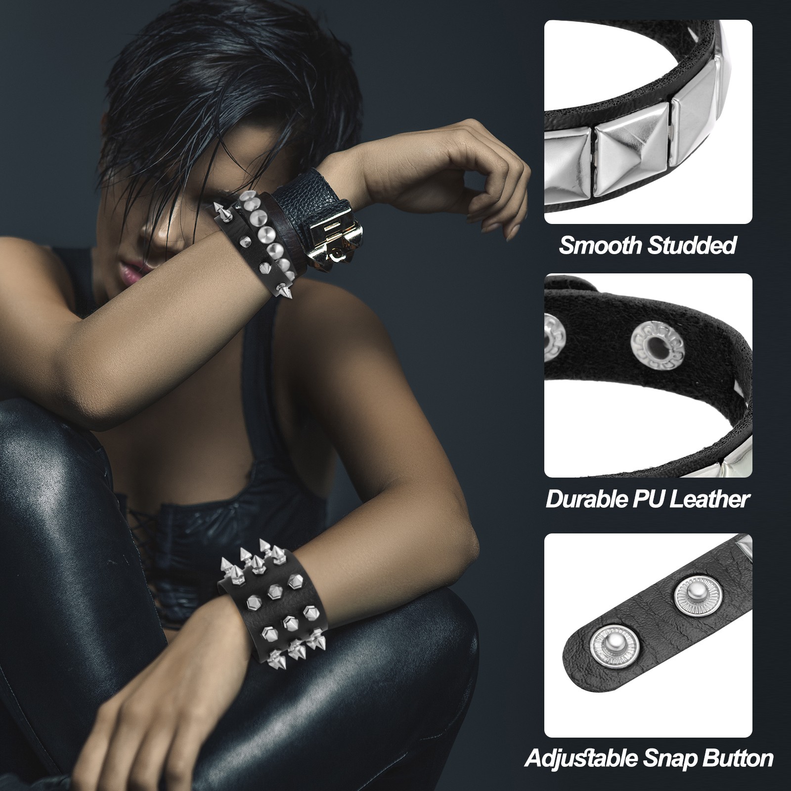 2Pack Leather Punk Bracelet 9.8″/25cm Layered Row Spikes Goth Bracelet White