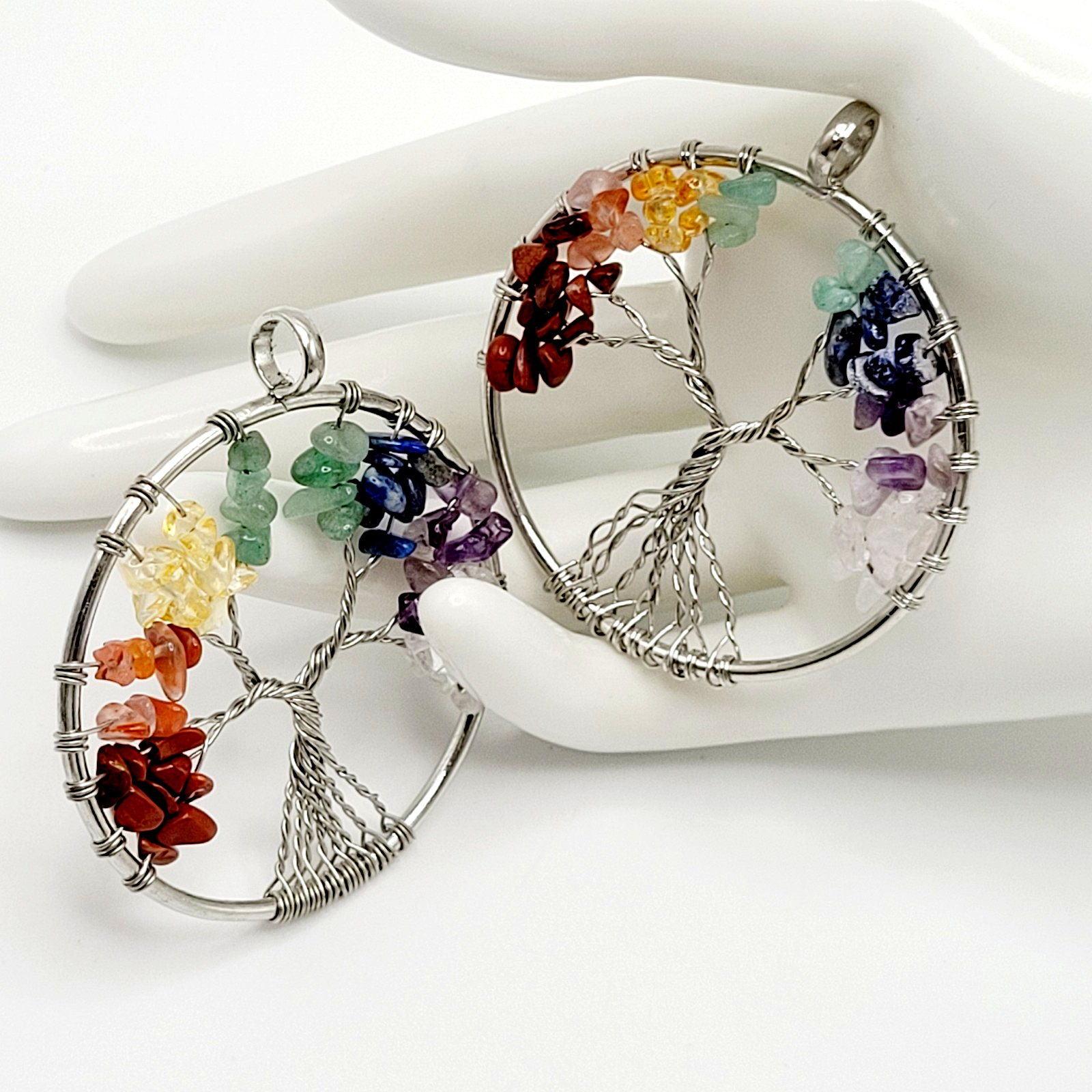 2 Tree of Life Silver Tone Twist Crystal Multi Stone Seven Chakras Round Pendant