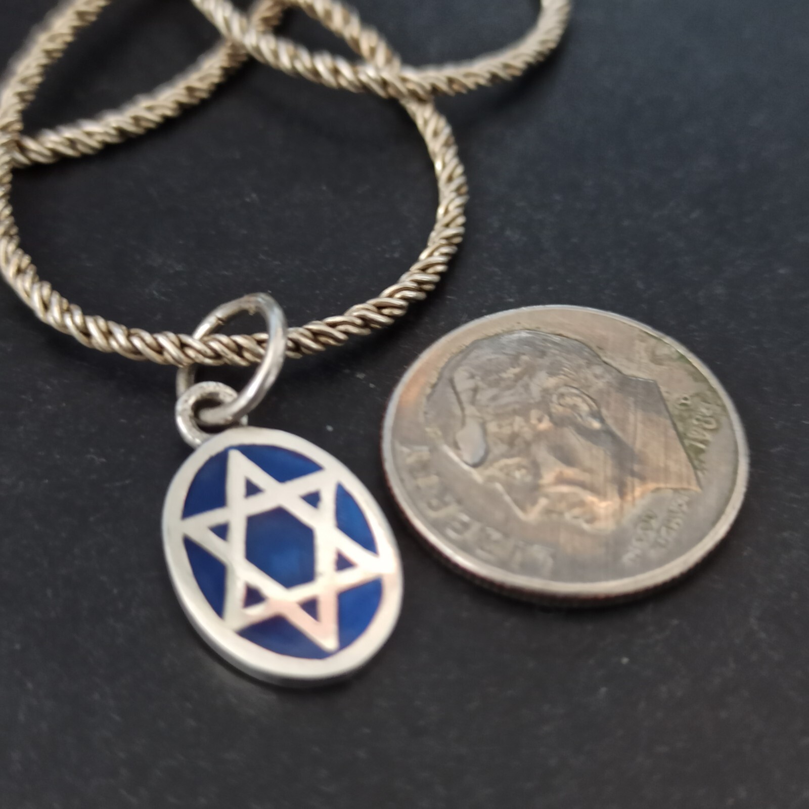 Star of David Necklace Silver Dark Blue Enamel Thick Chain Retro Classic Gift
