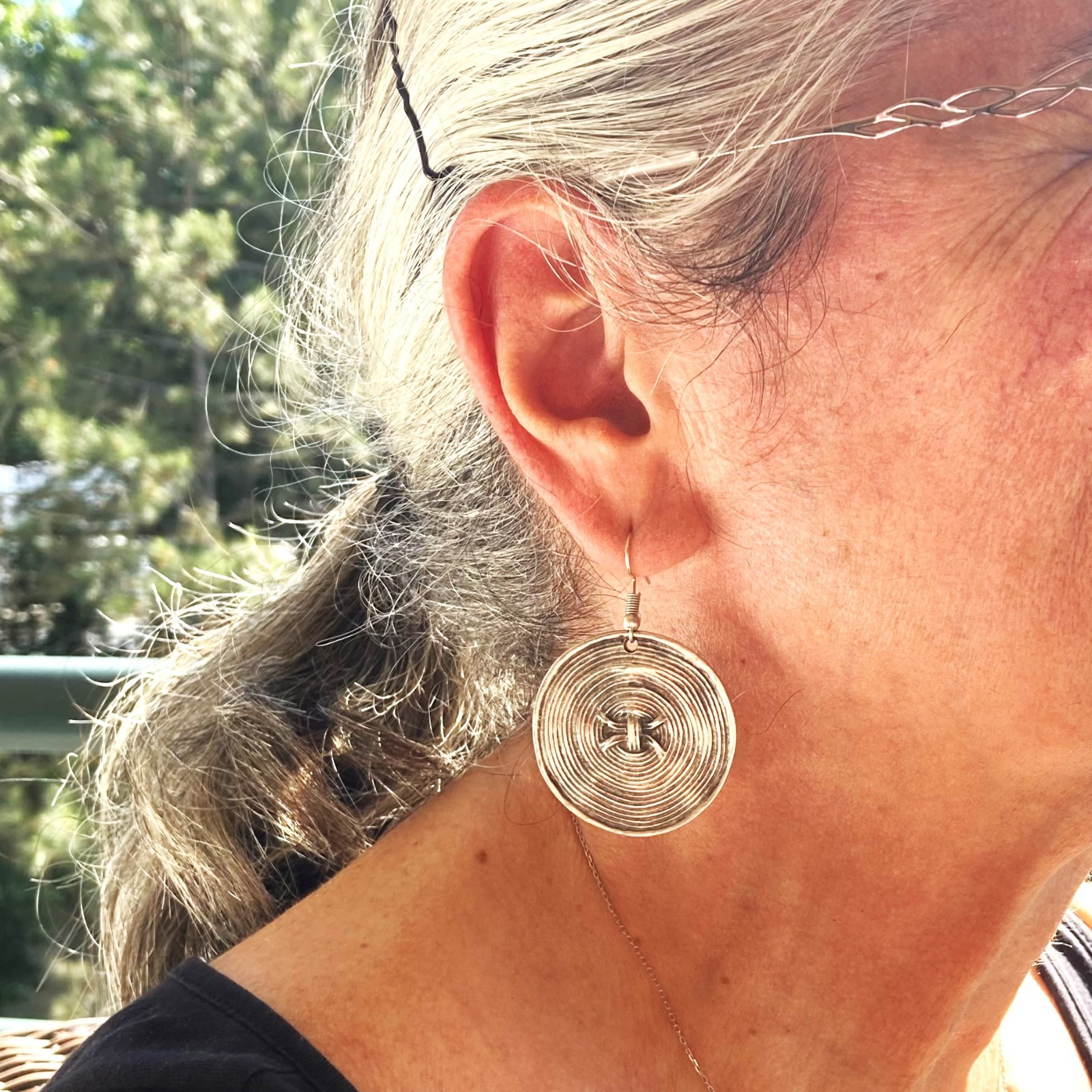 Boho Silver Spiral Disc Dangle Earrings Textured Round Statement Jewelry