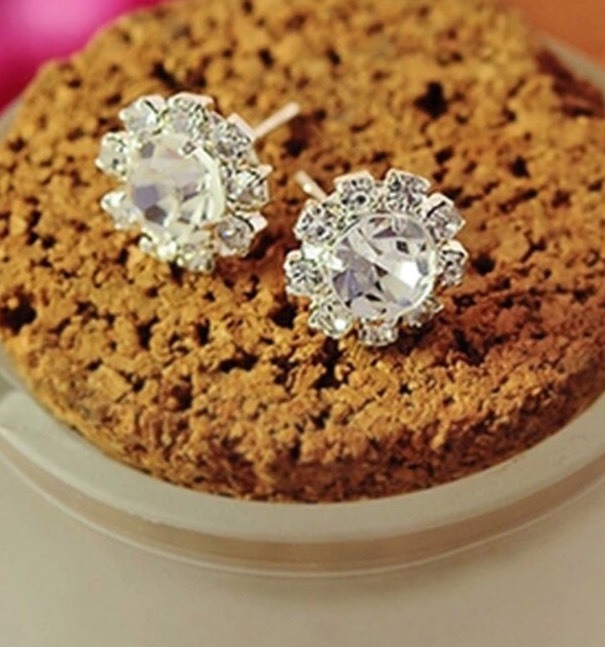 Silver Toned Clear Rhinestone Sunflower Stud Earrings Pierced Ears