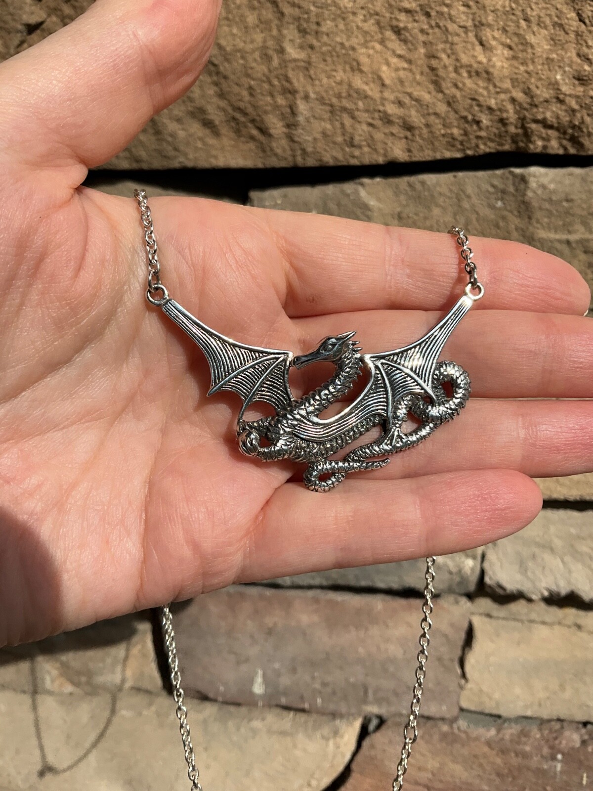 Huge Sterling Silver Dragon Necklace Peter Stone