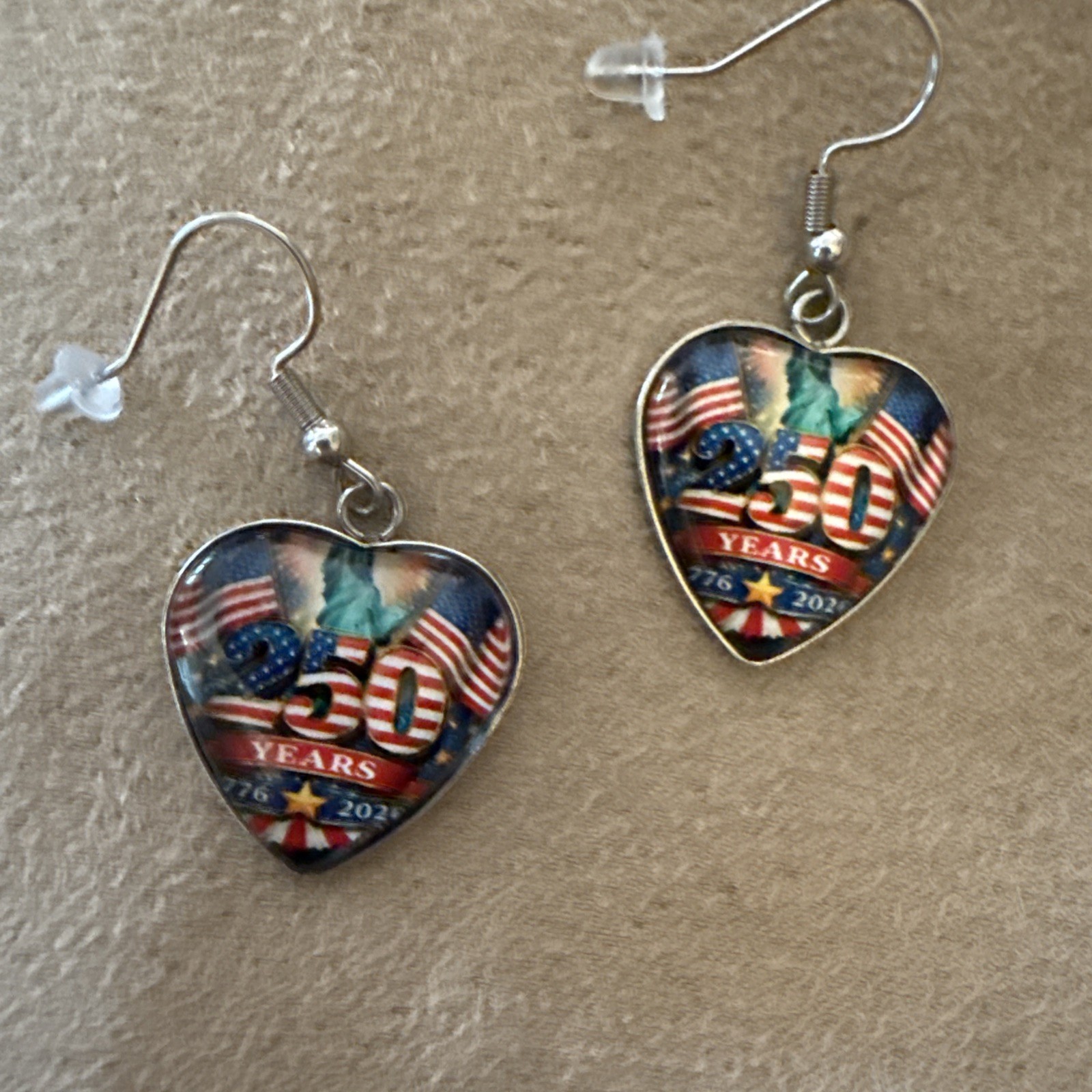 250th Anniversary W/American Flags/Statue Of LibertyDangle Heart Shaped Earrings