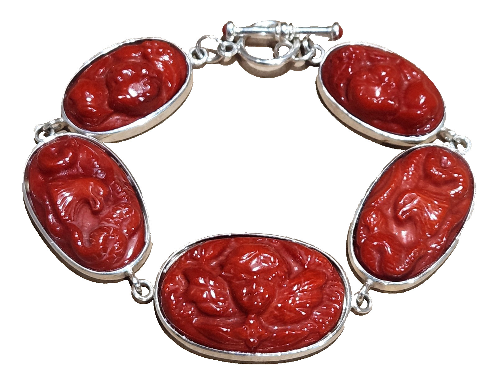 Carved Deep Red Coral Cherub ANGEL Link 5 Panel Sterling Silver Toggle Bracelet