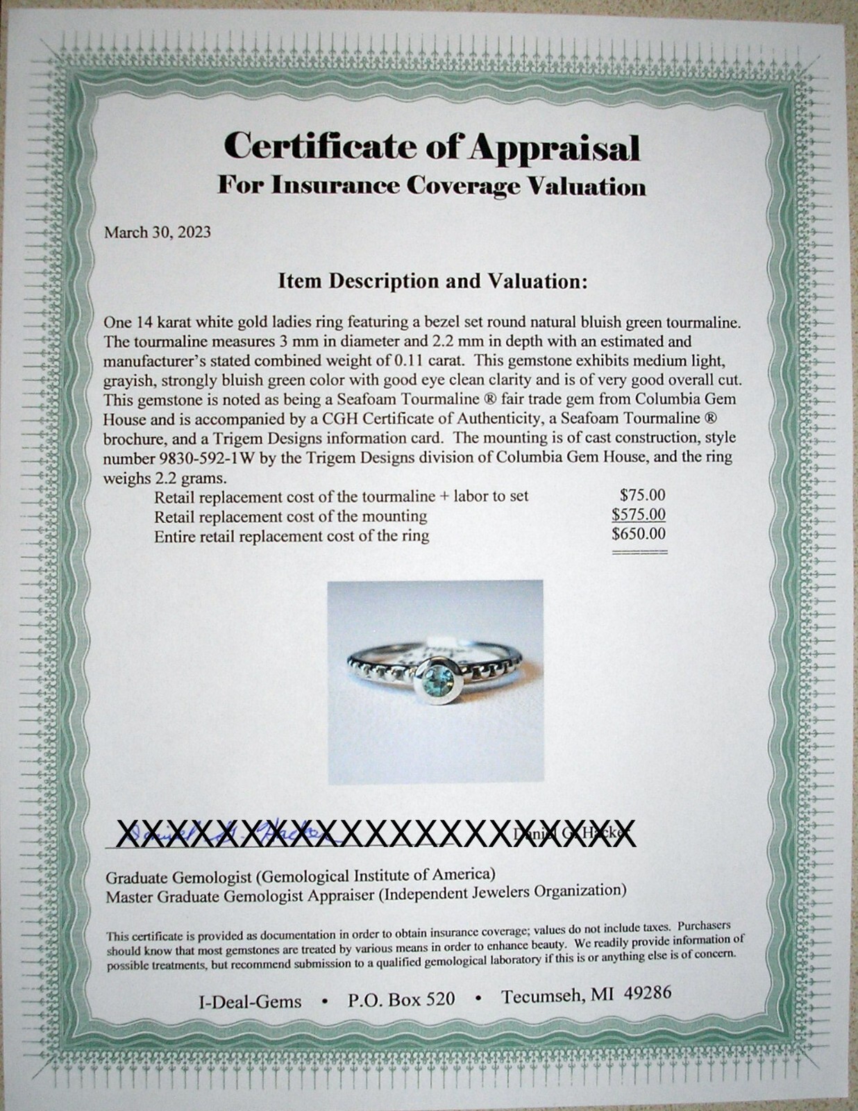0.11 ct Fair Trade Natural Seafoam Tourmaline 14K White Gold Ring Was $650 Video