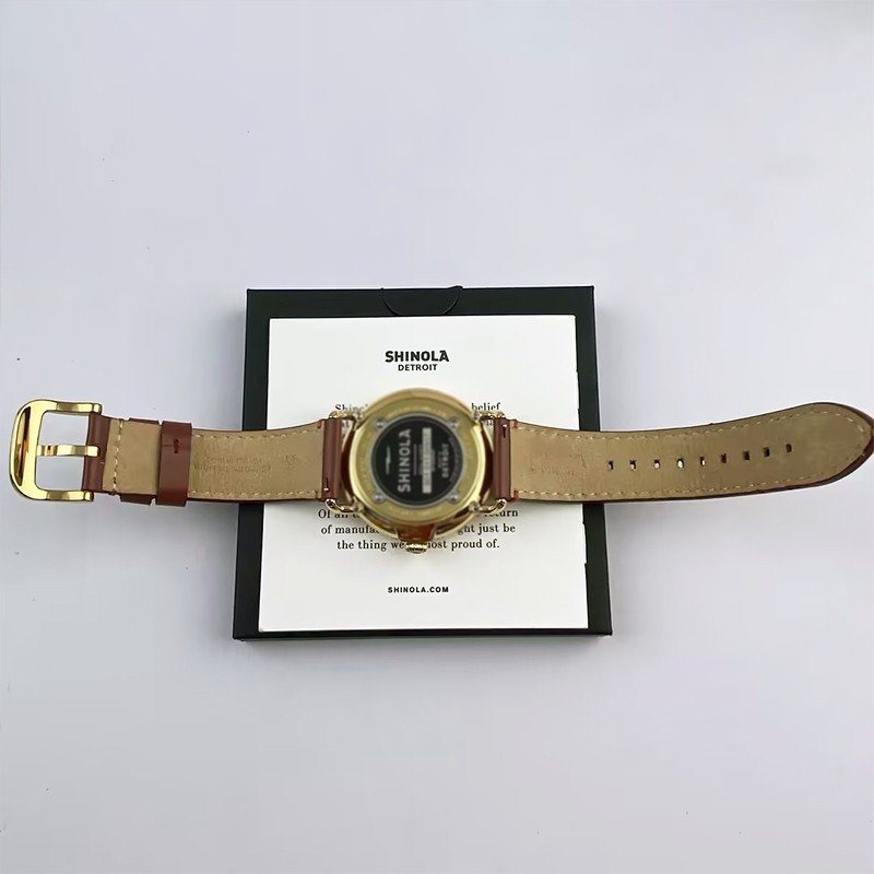 Men Shinola Runwell Argonite 1069 White Dial Gold Case Quartz Watch 47mm Leather