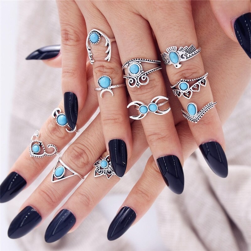 Bohemian 11PC Ring Lot Ring Popular Silver Tone Boho Rings Set Aqua Stones NEW