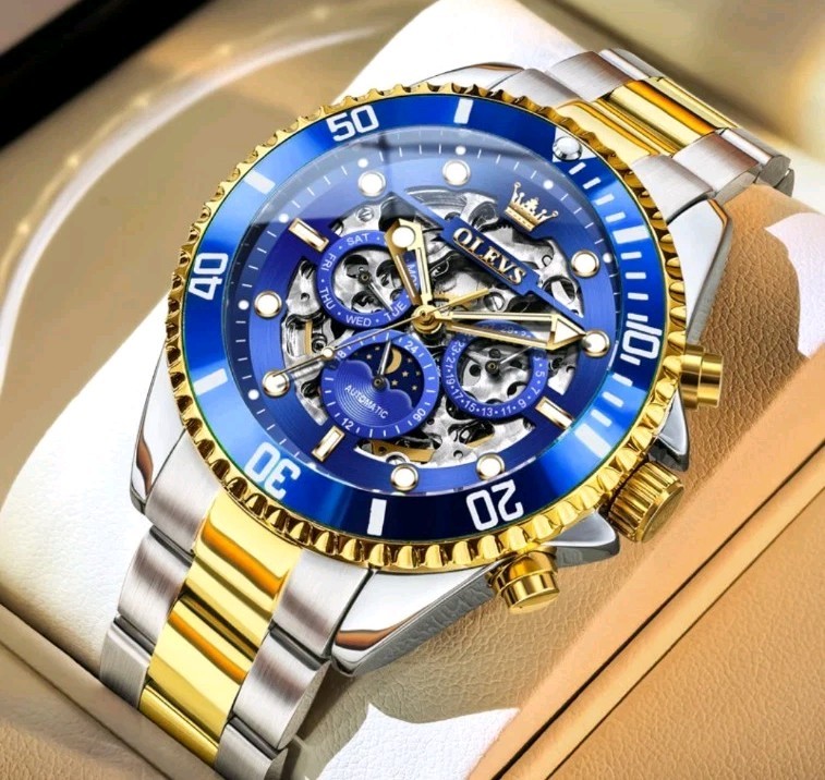 OLEVS Skeleton Men’s Automatic Mechanical Watch, Big Dial, Moon Phase, Day Date