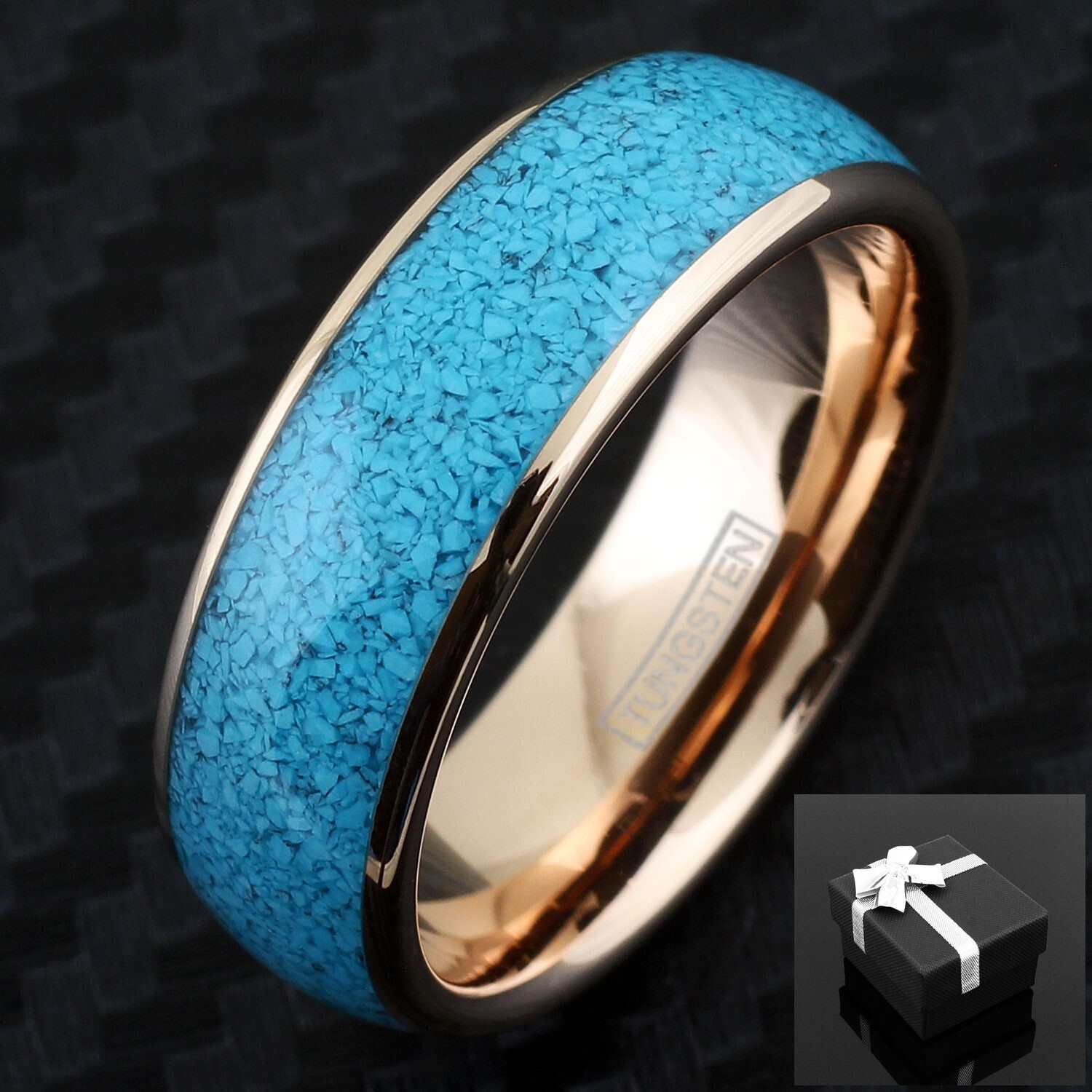 8mm Silver, Black or Rose Gold Plated Tungsten w/ Crushed Turquoise Men’s Ring
