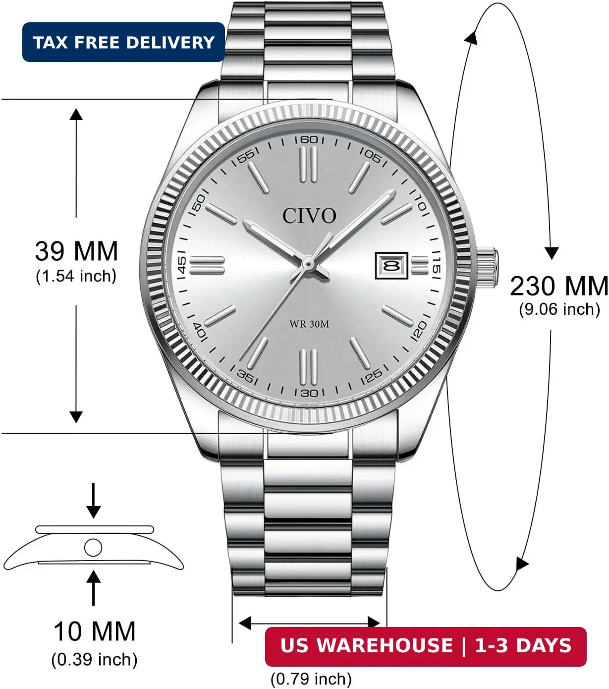 CIVO Analog Mens Watches Silver: Wrist Watches with Date Easy to Read | Dress St