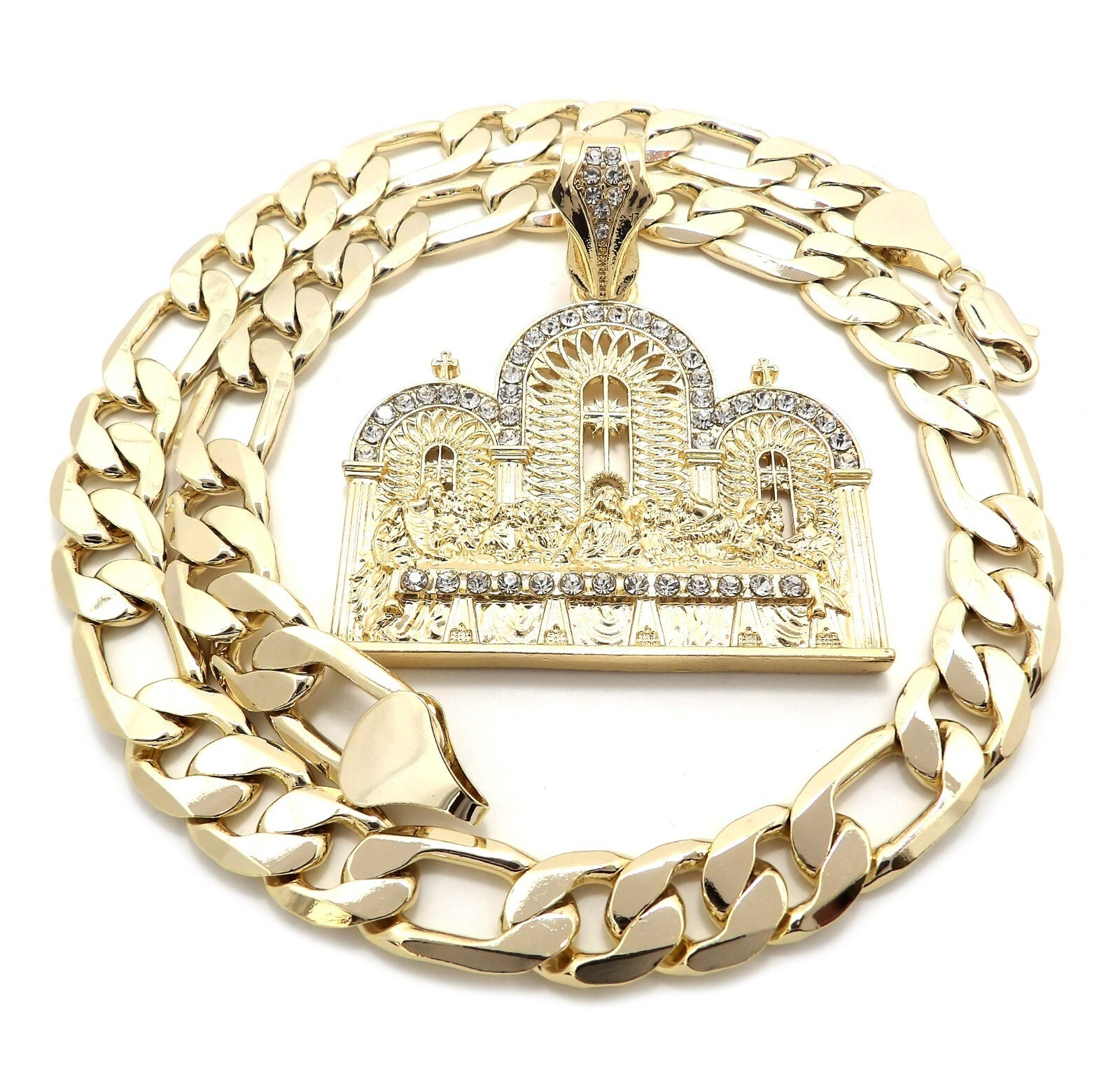 Jesus Last Supper CZ Iced Pendant & 14K Stamped 10mm Brass Figaro Chain Necklace