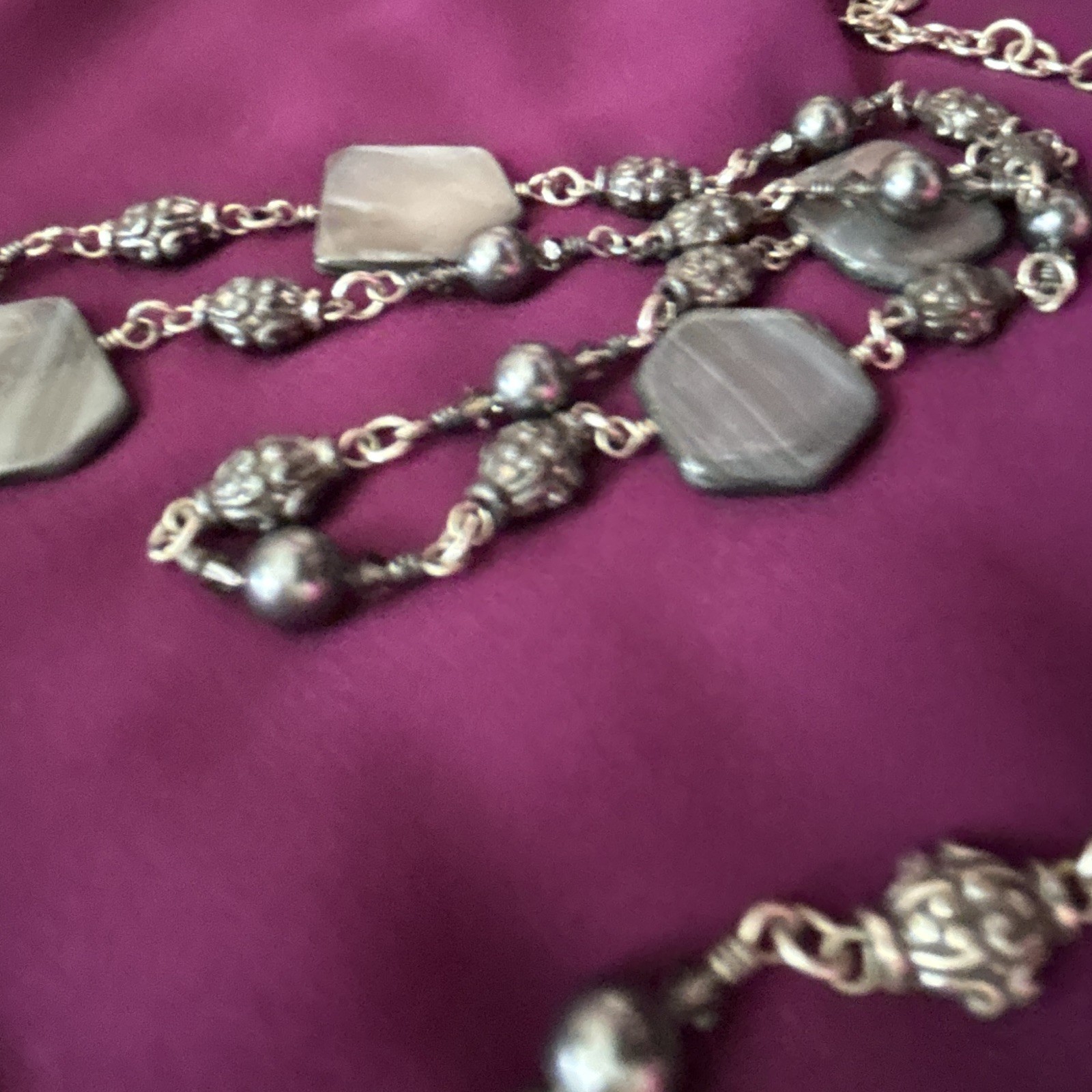 Silver Tone Multi-Strand Beaded Chain Necklace, Gray Square Stone Beads, Lobster