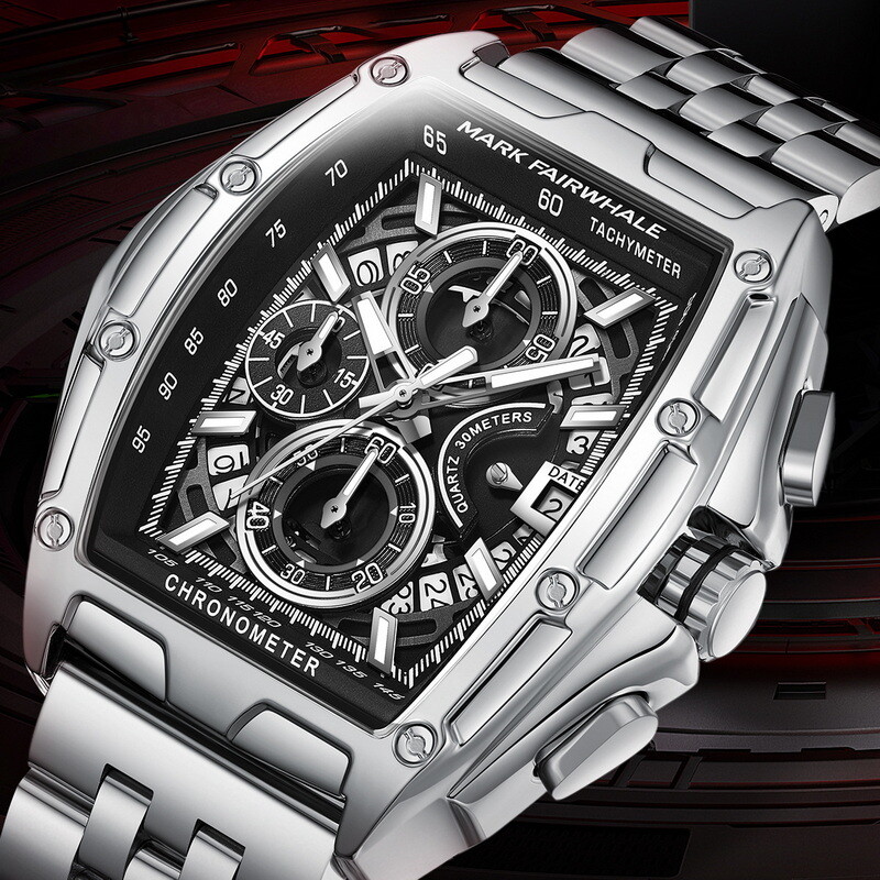 MARK FAIRWHALE Tonneau Multi functional Calendar Night Light Quartz Men’s Watch