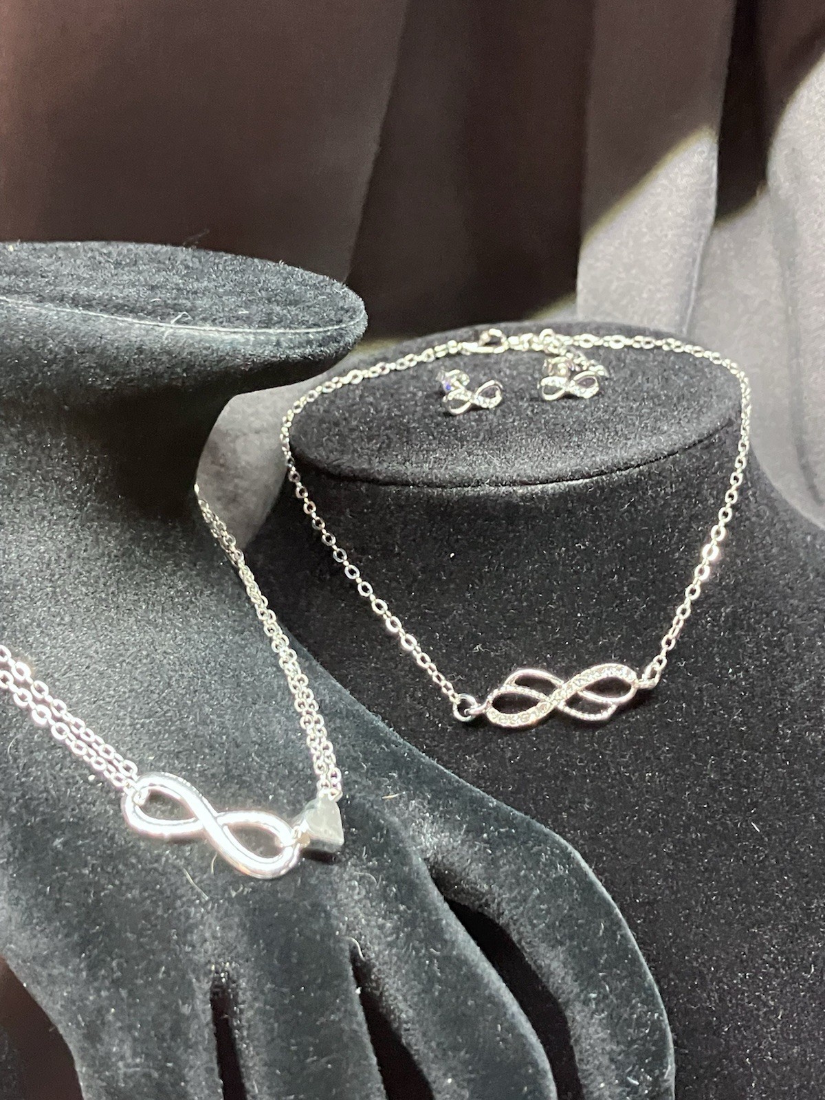 Womens Infinity Silver plated bracelet with stainless steel cz anklet + earrings