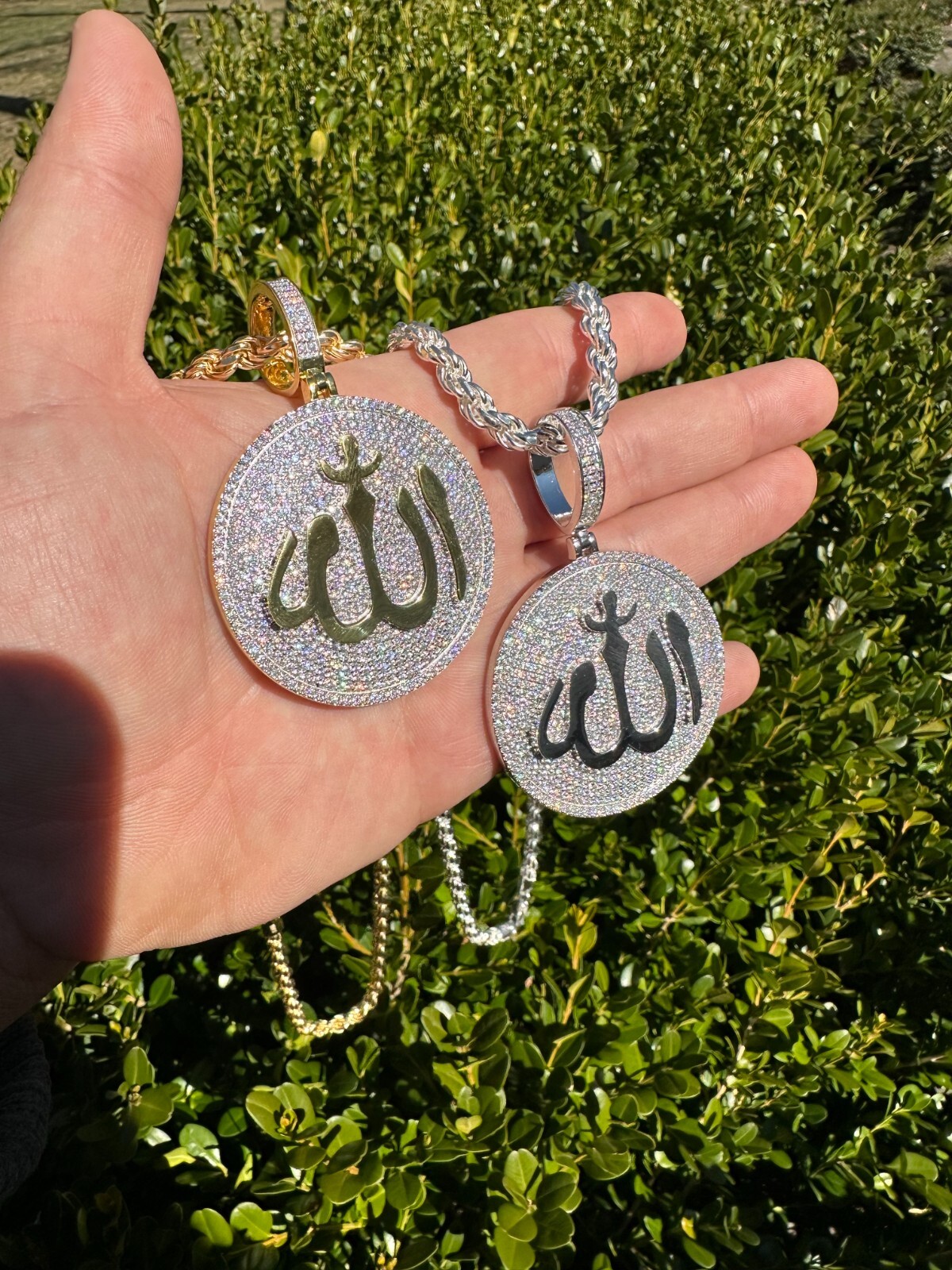 MOISSANITE Real 925 Silver / Gold Allah Medallion Arabic Necklace Pendant Iced