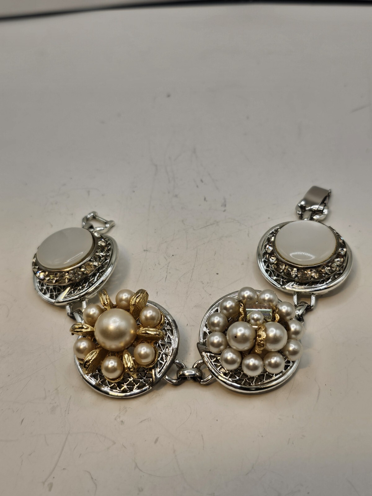 Handmade Mixed Media Bracelet Vtg Clip Earrings 40-50s OOAK 7.25″ Grannycore