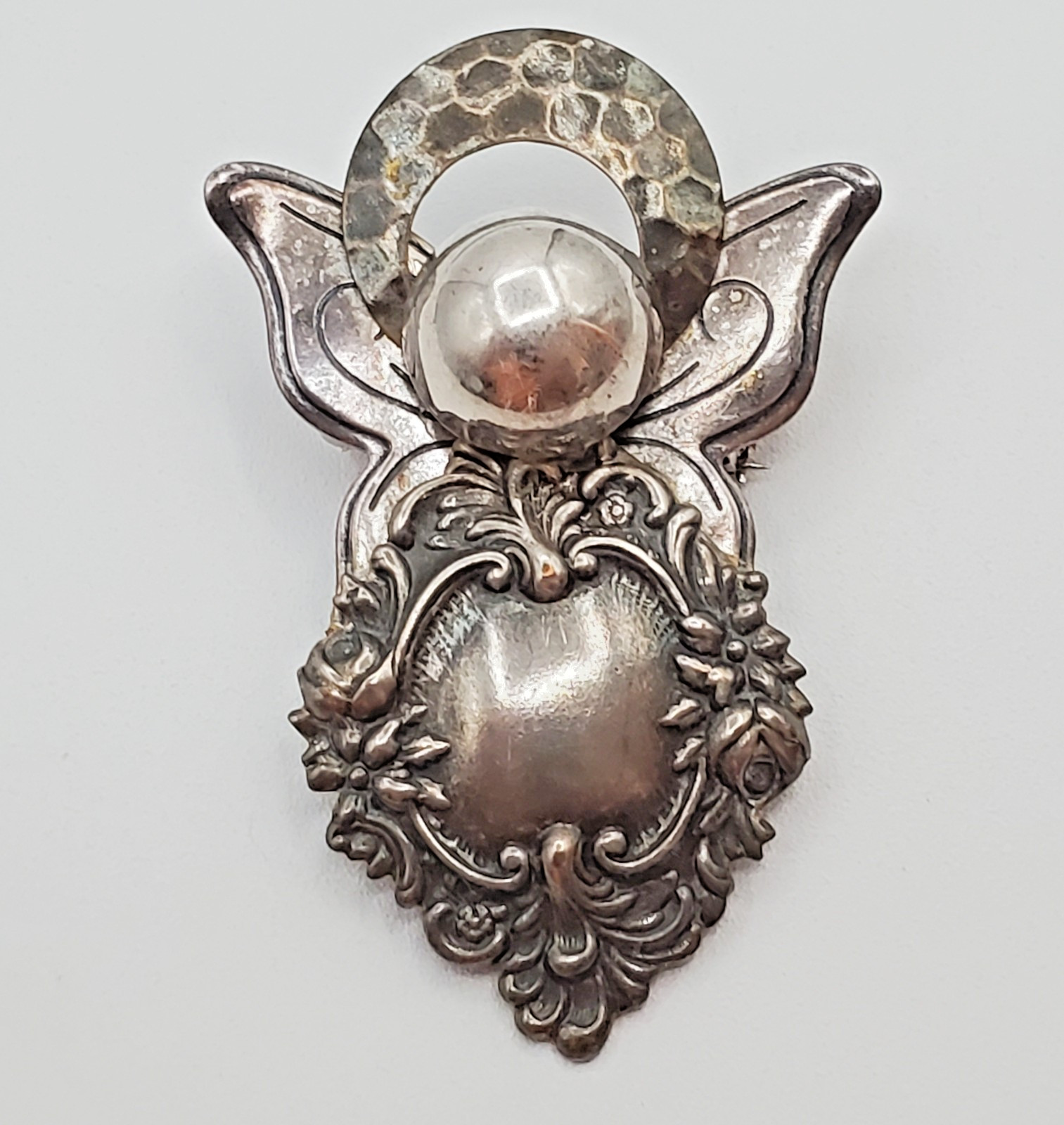VTG Angel Brooch and Pendant Combo 2.5in Hammered Silver Tone Scroll Steampunk