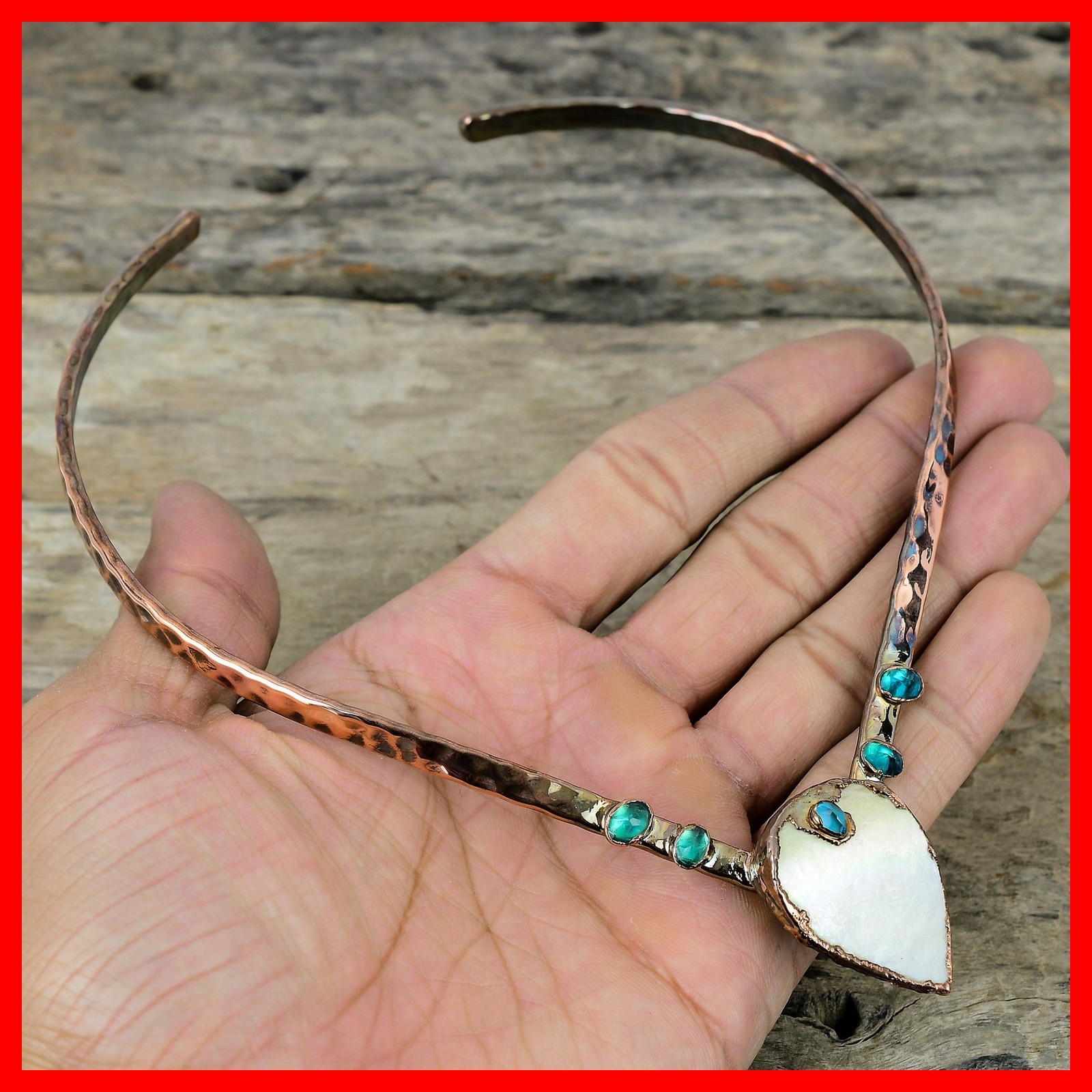 Mother Of Pearl Stone Indicolite Electroformed Choker Necklace Jewelry Copper