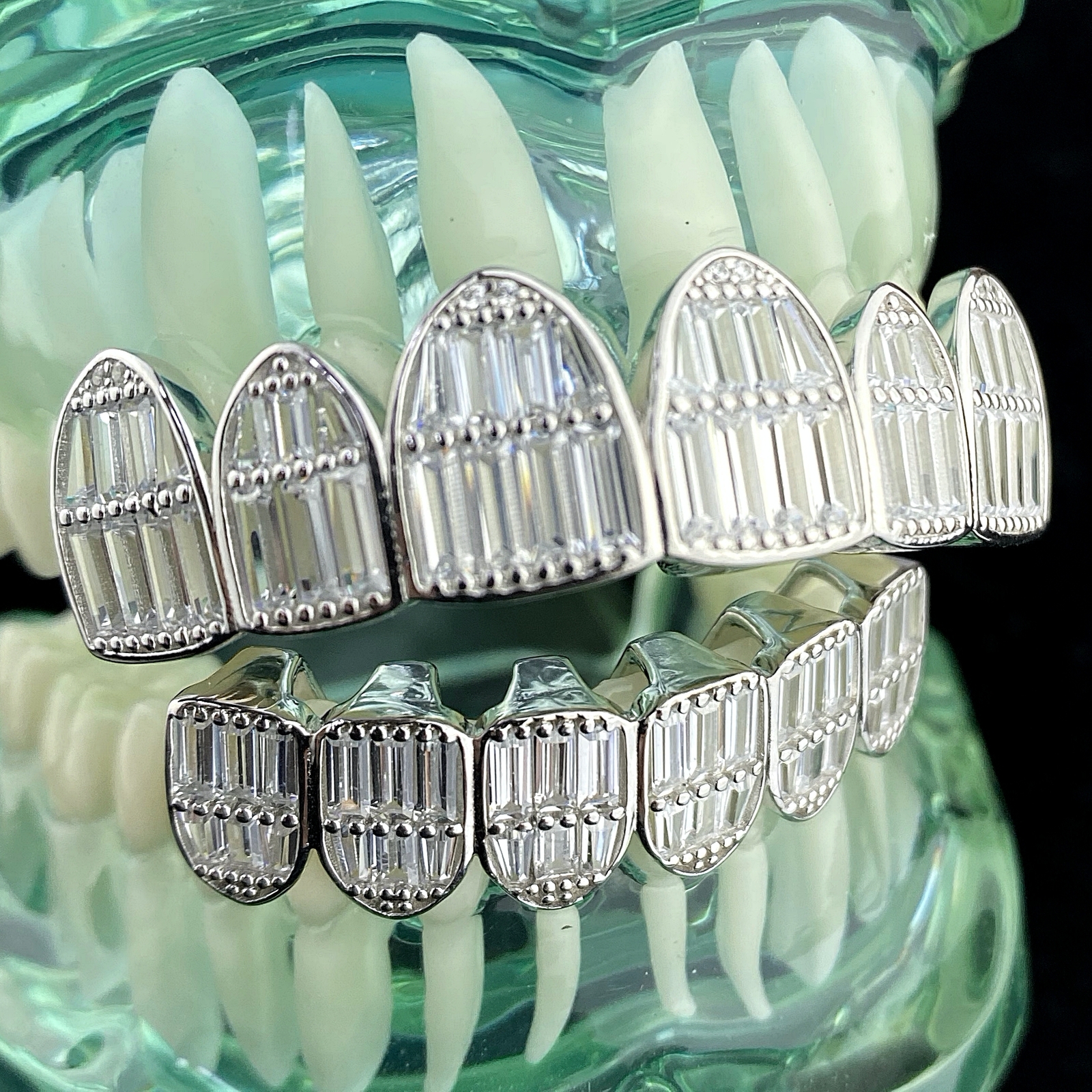 Real 925 Sterling Silver Grillz Set Iced Baguette CZ Flooded Out 6 on 6 Teeth