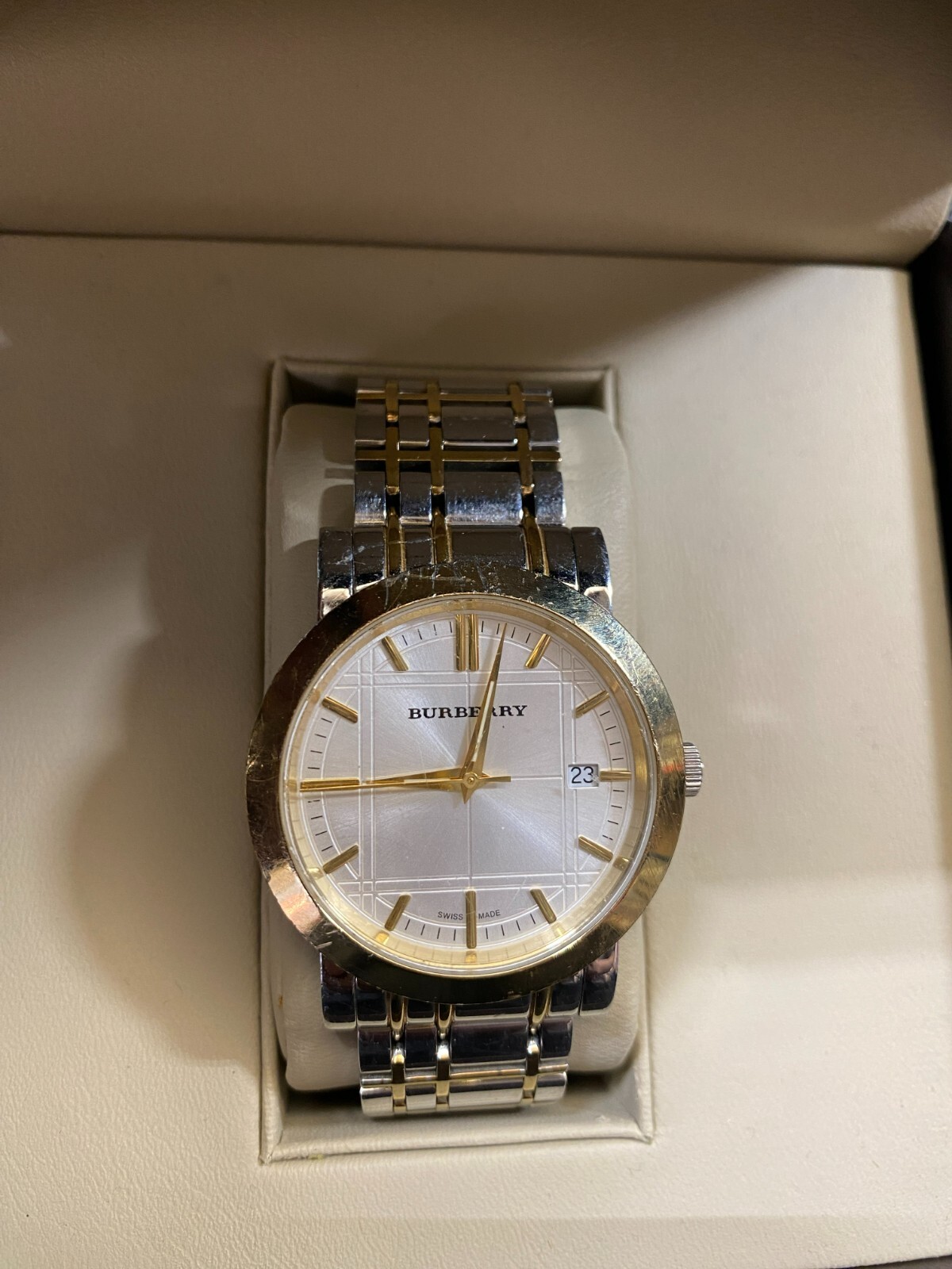 Burberry Two-Tone Silver Gold Swiss Made Unisex Watch ~ 50 m / 165 Feet ~ BU1358