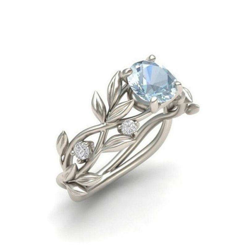Men Women Elegant Leaves Ring 2.1Ct Aquamarine Wedding Size 6-10